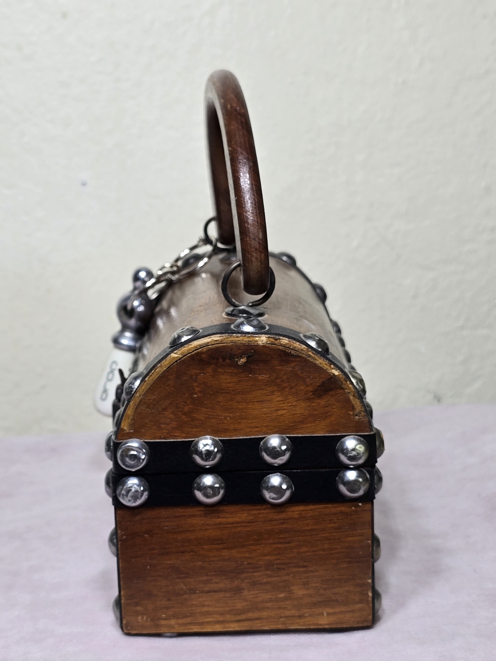 Encore Vintage Wooden Box Handbag Brown Wood Black Leather Metal Studded 1960s - Picture 8 of 16